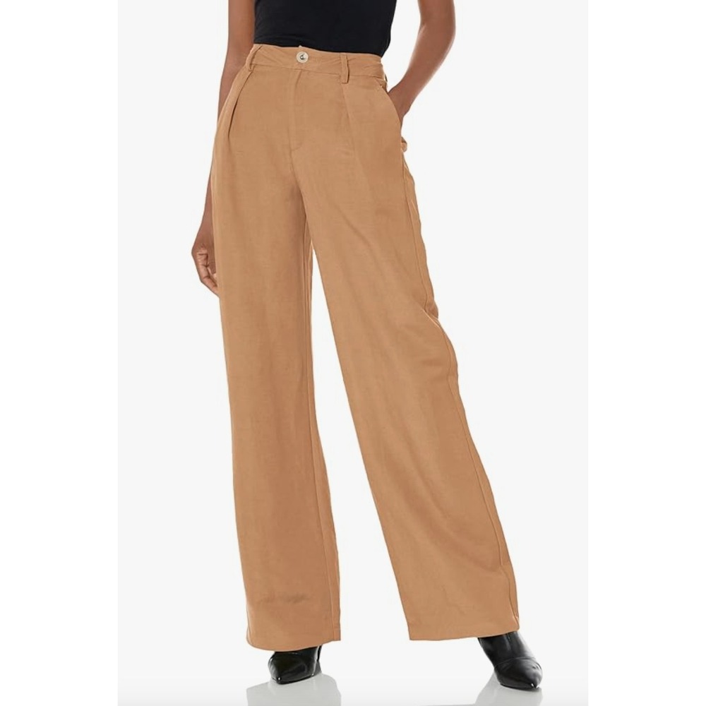 Paige Dallas Pant Womens 4 Camel Pleated Wide Leg Linen Blend Trouser Career